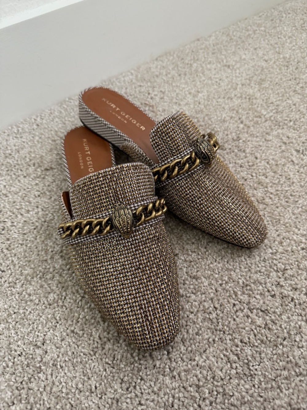Kurt Geiger Metallic Gold Tweed Chain-Embellished Mules
